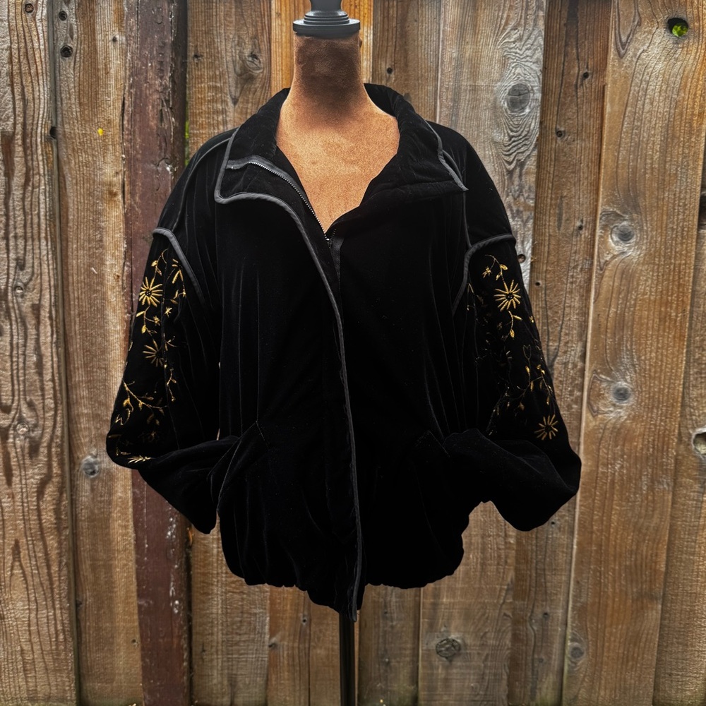 Zara Black Velvet Bomber Jacket with Gold Embroidered Sleeves